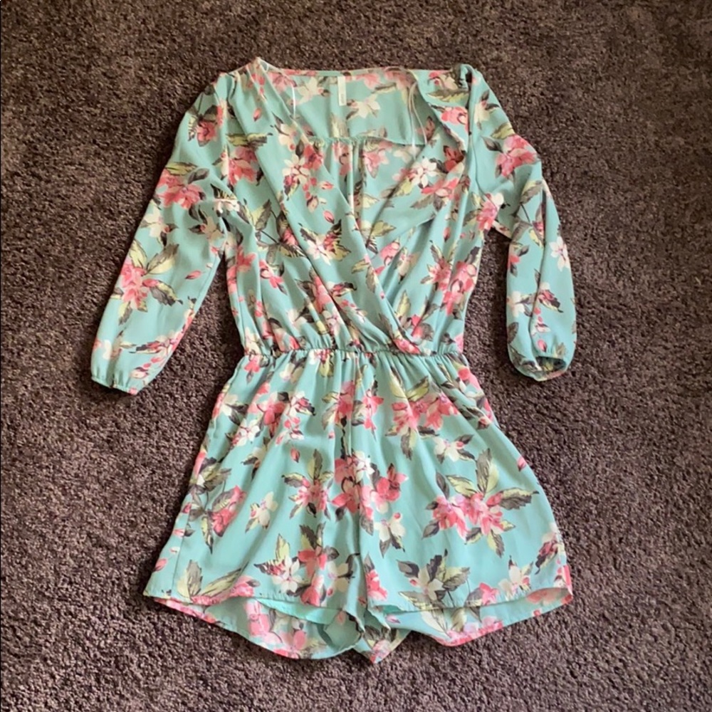 Sage Teal and Pink Floral Quarter Sleeve Romper